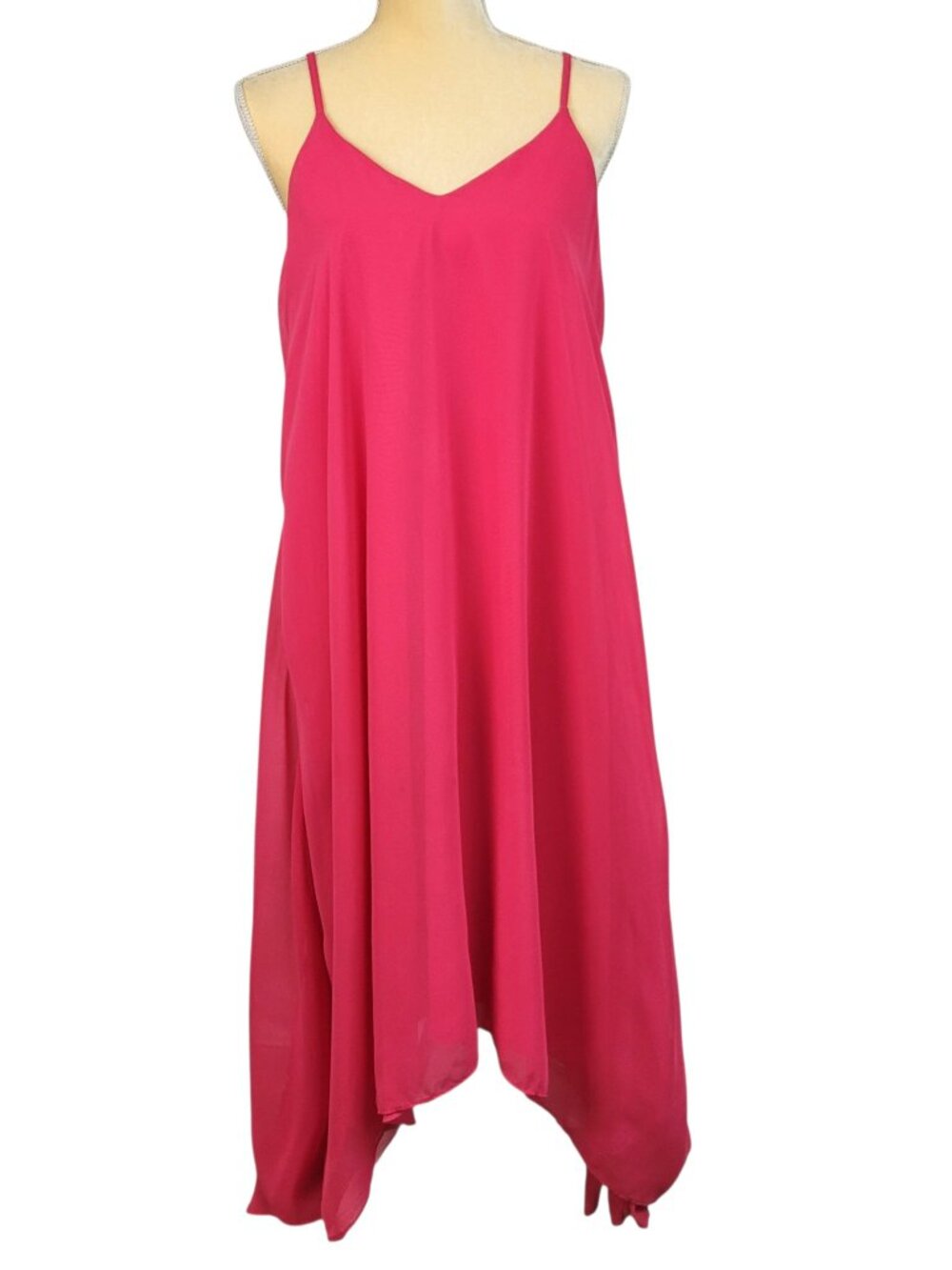 Sharagano Chiffon Dress Women 10 Pink Strappy V-Neck Handkerchief Hem Flowy Boho